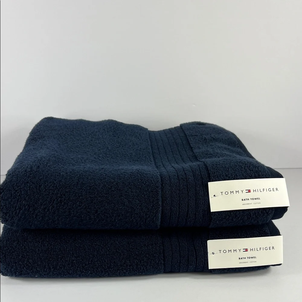 Tommy Hilfiger Bath Towels Set of 2 Fifth Ave Blue Navy Plush 100% Cotton NEW